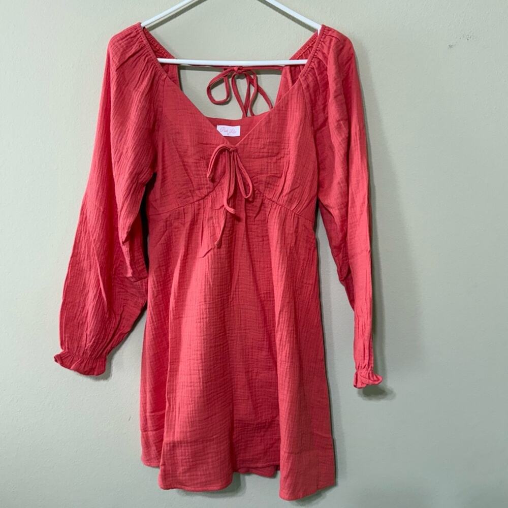 Pink Lily Vibrant Coral Pink Dress with Long Sleeves